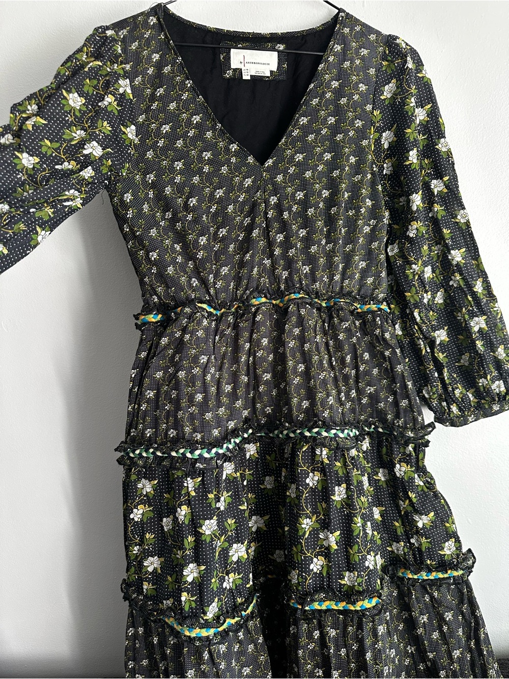 Anthropologie Karoline Black Floral Tiered Maxi Dress with Green Accents Small - Picture 10 of 16